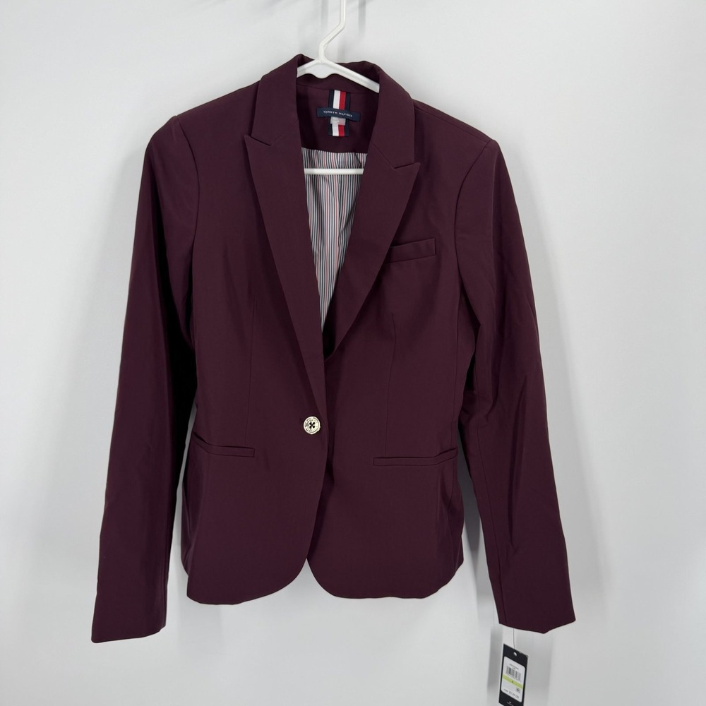 Tommy Hilfiger Blazer Women 4 Maroon NWT Single Button Elbow Patch Lined Jacket